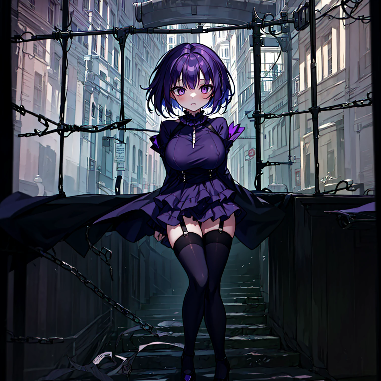 (solo), (1 skinny short girl:1.2), in the dark hall of mansion, (midnight), purple eyes over hair, Gothic ta, arms behind back, BREAK, (black short hair), (bursting huge breasts:1.1), (bouncing huge breasts:1.1), pale white skins, (skinny narrow waist), skinny legs, BREAK, (frilled layered black short dress), (frilled black cape), close chest, frilled long sleeve, show off thigh gap, (frilled black thighhighs:1.1), stiletto heels, BREAK, sad face, orgasm, coverd erectile nipples