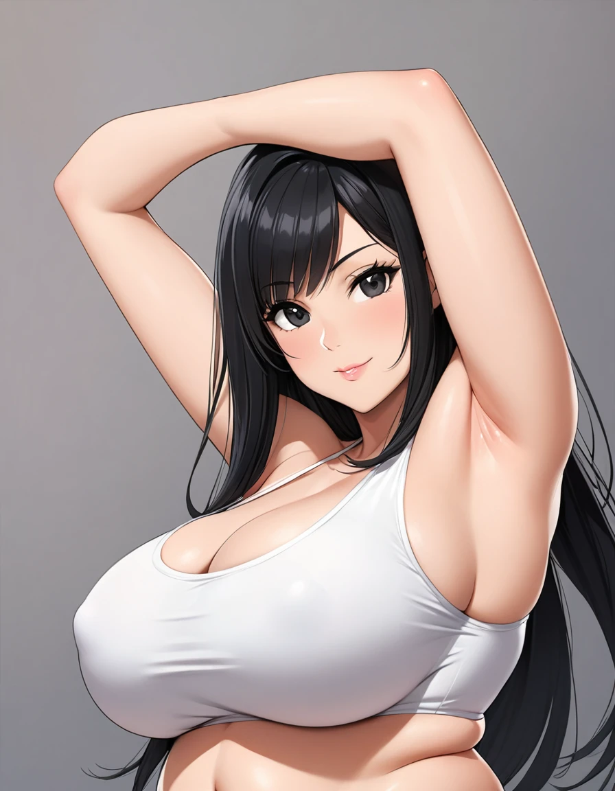 1woman,solo,milf,mature female,medium long hair,black hair,asymmetrical bangs,black eyes,plump,large breasts,armpit,open armpit,armpit focus,