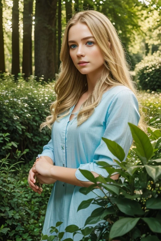 a beautiful blonde girl in a serene garden, long flowing hair, piercing blue eyes, delicate facial features, elegant posture, sunlight filtering through the trees, lush greenery and colorful flowers surrounding her, (best quality,4k,8k,highres,masterpiece:1.2),ultra-detailed,(realistic,photorealistic,photo-realistic:1.37),detailed portrait,highly detailed skin and clothing,warm color palette,natural lighting,intricate background,cinematic composition