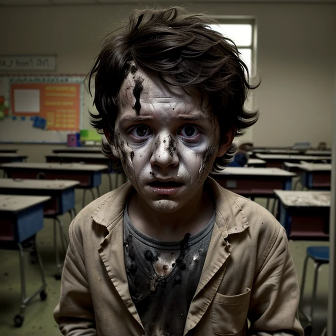 A boy scientist in a classroom fails during an experiment and is caught in an explosion, leaving him completely battered and covered in soot.