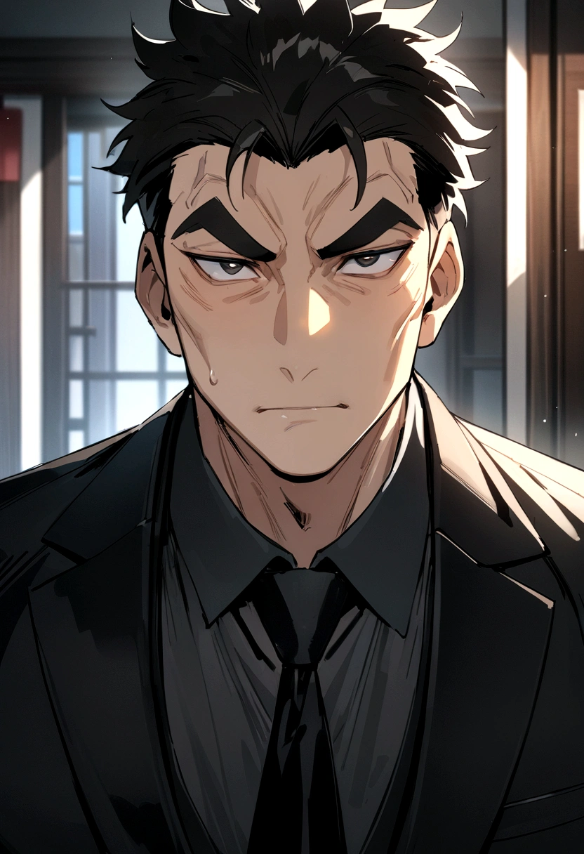 (Highest quality, masterpiece, anime), 1 male, Age 40, Black eyes, Asian, chiseled face, tall, dark hair, short hair, crisp eyebrows, large eyes, black suit, 4K, Highest quality, View your viewers.