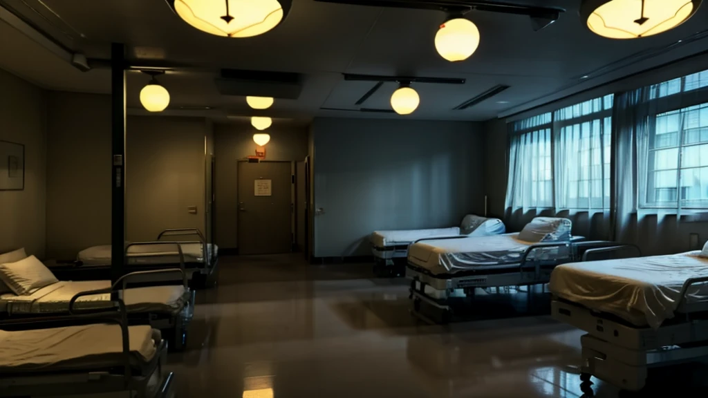 A hospital where in the background you can see shadows as if they belonged to ghosts, the environment is a little dark and gloomy, with flickering lamps, there are hospital things in the image, it is niche in the hospital, perfect for a video thumbnail, full HD