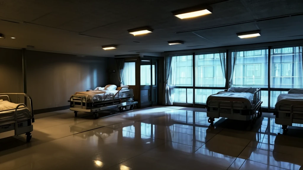 A hospital where in the background you can see shadows as if they belonged to ghosts, the environment is a little dark and gloomy, with flickering lamps, there are hospital things in the image, it is niche in the hospital, perfect for a video thumbnail, full HD