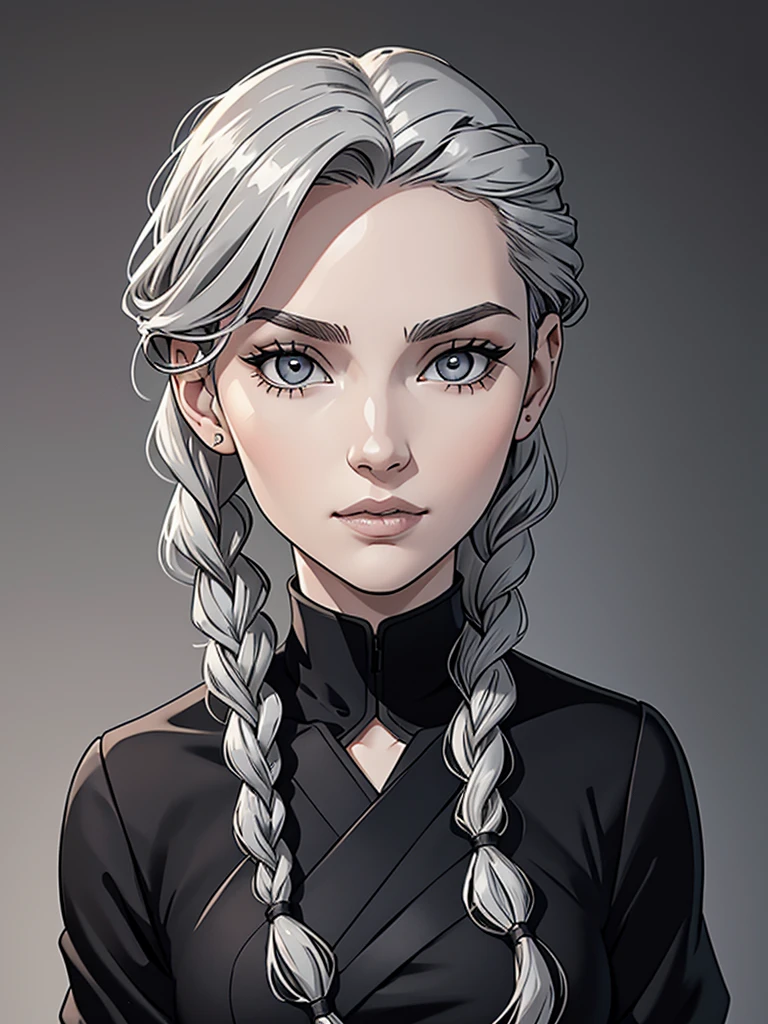 Cassandra is a tall young woman in her 20s with pale skin., gray eyes and white wavy hair, braided into a high ponytail with many small braids. Two strands of hair and asymmetrical bangs go down the sides of the face. Prefers clothes in black and gray colors with lots of silver accents