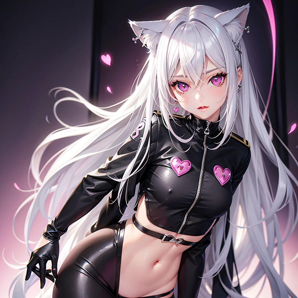 Silver hair, pink eyes, body, cat ears, sexy girl, earrings, heart background fantasy, uniform