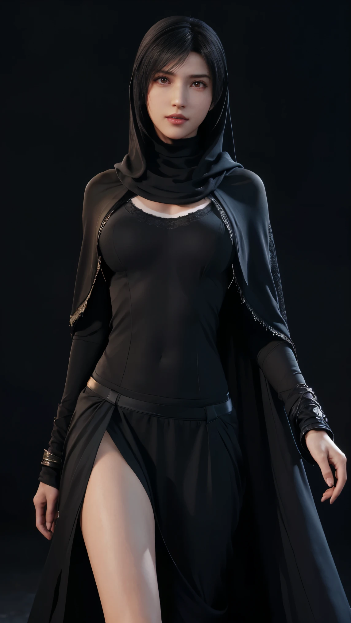 8K, Top Quality, Intricate Details, Ultra Detail, Ultra High Resolution, Masterpiece, close up shot, (full body: 1.1), Slender, Smile, (Makeup: 0.4), (walking), (Fluffy Eyes: 1.21), ((bangs)), 1girl, solo, 1 girl, (((red eyes, black hair, bangs, long hair)), ((Tifa,Tifa・lockhart,Final Fantasy 7,FF7,l)), close up shot, , ((tall)), (((fit body))), (((slim face))), sharp face, ((abaya, hijab, )) , (detailed face), sharp face, small lips, ( walking), walk pose, walking pose,
((, abaya ,hijab)), , ((,)), detailed face, detailed breast, large breast, huge breast, (( )), detail ass, Narrow Waist, Skinny, tall , 175 cm tall, Muscular, Navel, Exposed Abdomen, Pointed Chest,, Beautiful girl with accentuated slender abs: 1.4, Six Pack Abs: 1.4,, Perfect Body, detail leg, (( dark background)), black background,