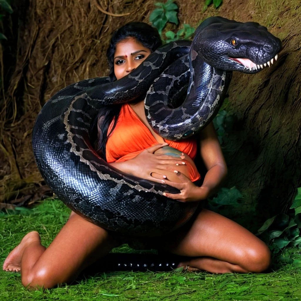 Pregnant Happy Horny, aroused 1girl), beautiful kneeling Indian young girl with giant colossal black titanboa squeezing her hard, wrapped in thick spiraling coils, constricted, struggle, gasping for air, snake attack, snake peril, moonless night, dim light