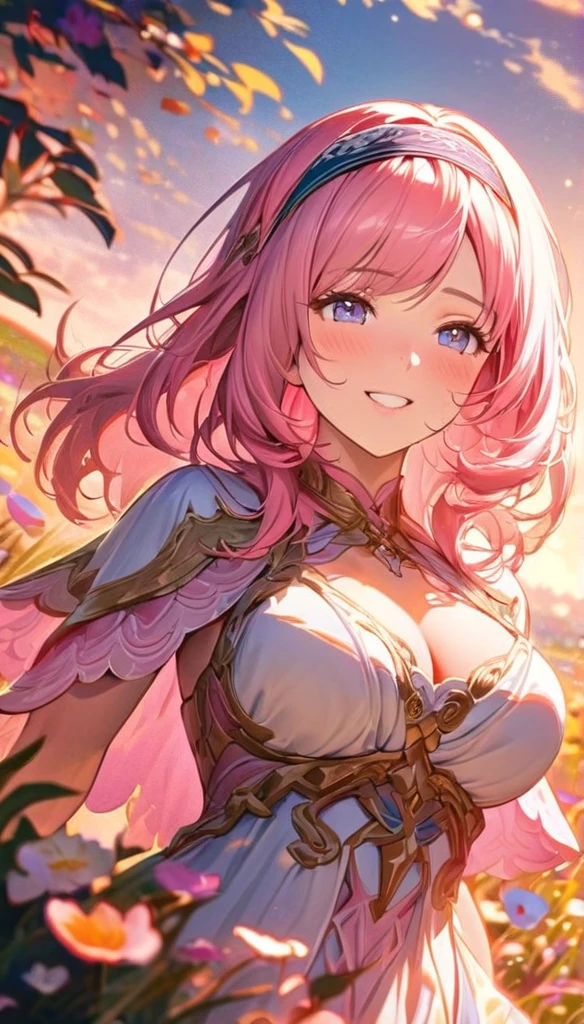 beautiful girl, long pink hair, beautiful face,smiling,close up to ????, beautiful ??????, in the middle of flowers field, (open mouth:0.4),illustration,detailed textures(realists),ultra-detailed,portrait style,vivid colors,soft lighting, blushing, mature, hair fluttering, evening light , head band, ((half body)),  cleavage, wearing intricate dress, perky. ((side profile half body))