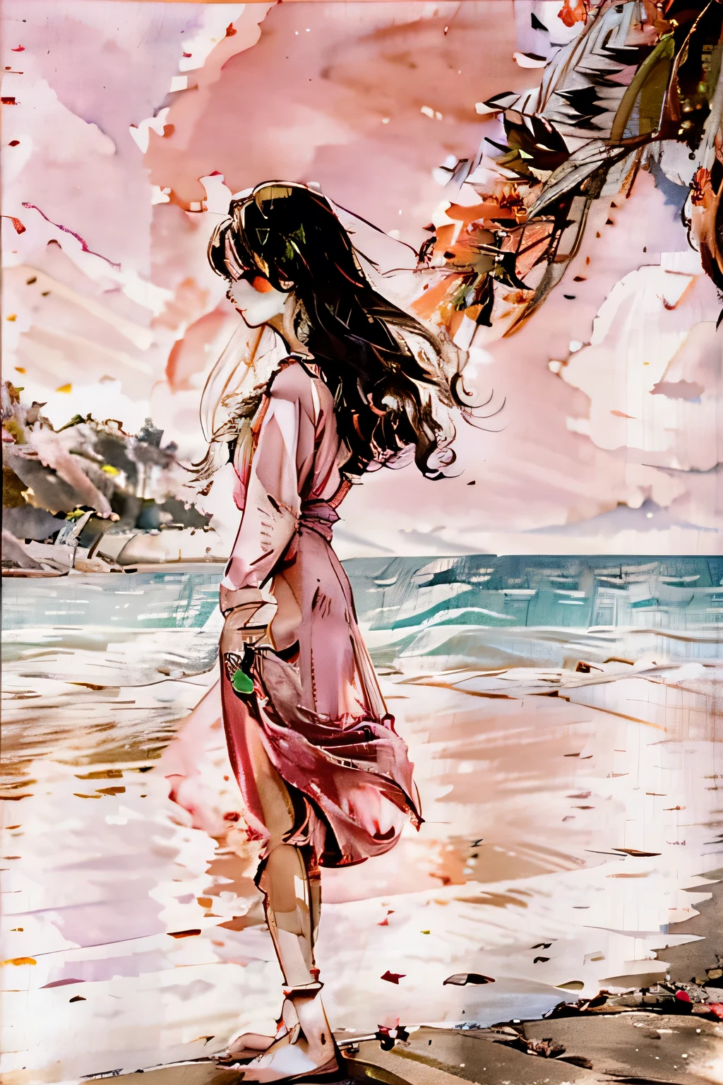 Absolutely mesmerizing sunset on the beach, with a blend of oranges, Pink, The sky is full. The crystal clear waters of the sea gently kiss the coast, White sandy beaches stretch endlessly. The scene is full of dynamics,Breathtaking,Palm trees swaying gently. Feel the calm atmosphere,Let peace envelop you.A glass of cocktail with a flower on the beach reflecting the sun and sea water
