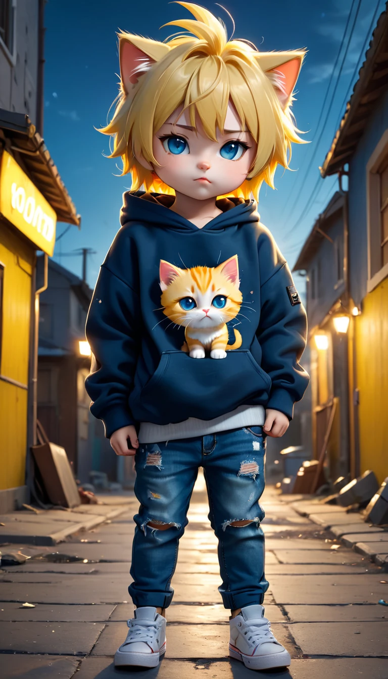 Best Quality, detailed, hyper detailed, beautiful, 8k, absurdities, on the street, a poor kitten, sad, standing, mirando On the right, yellow hair blue eyes, Chibi, chubby, torn sweatshirt, Ripped jeans, 5 years old, in an ugly and poor house, Fancy, photorealistic, ultra realistic photo, 3D rendering, anthropomorphism, full body shot, On the right, wide view, rule of thirds, average, bright lights, dramatic lighting, volumetric lighting, depth of field, dramatic contrast, darkgoldrod
