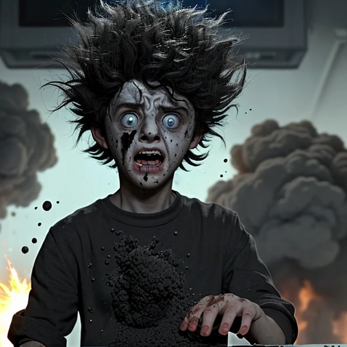 A scene from a comedy movie in which a mad scientist boy is caught in an explosion after an experiment goes wrong and is covered in soot.