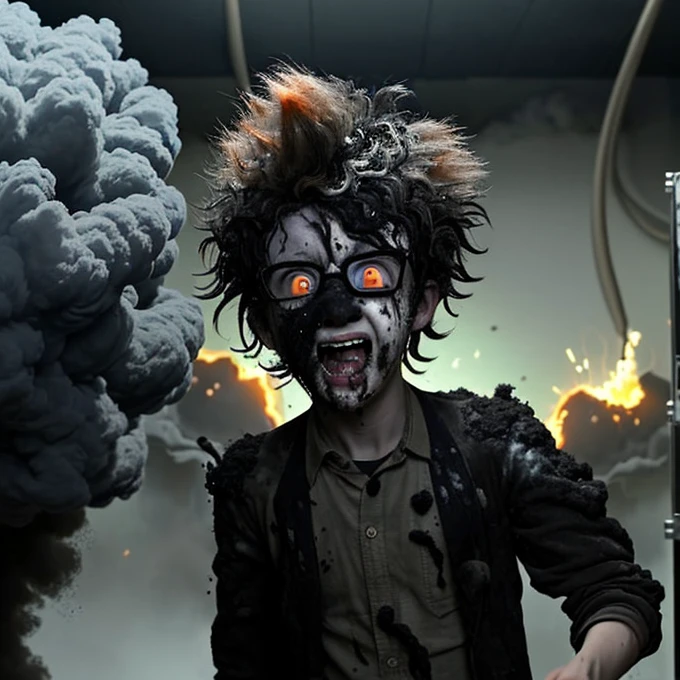 A scene from a comedy movie in which a mad scientist boy is caught in an explosion after an experiment goes wrong and is covered in soot.