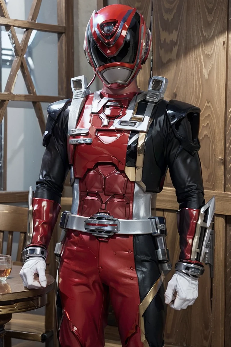 Fantasy background, cafe rpg style, empty chair, table, set of tea glass, (power rangers)), One guy、, ((red ranger suit)), red and blue chest armor with gold details,   costume, Solo, ((fit figure)), (Anatomically correct), Cowboy shot, masked face, guns, muscular build