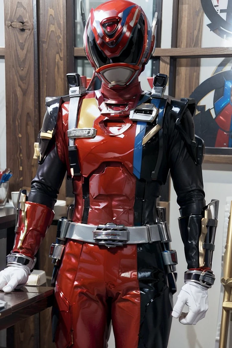 Fantasy background, cafe rpg style, empty chair, table, set of tea glass, (power rangers)), One guy、, ((red ranger suit)), red and blue chest armor with gold details, costume, Solo, ((fit figure)), (Anatomically correct), Cowboy shot, masked face, guns, muscular build