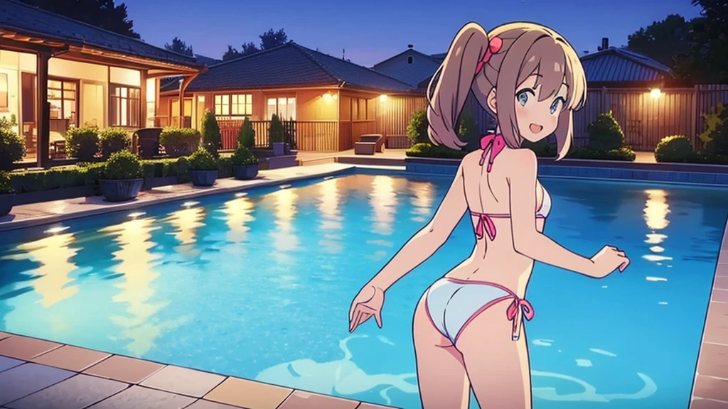 Masterpiece, Best Quality, extremely detailed, cheered up, girl,night pool,high waist bikini,SMILE,:d,action,(small breasts),ass focus nsfw