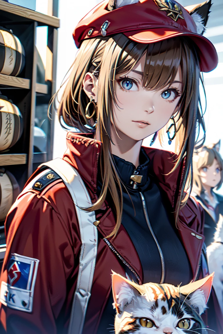 (Best Quality, 8k, Oil painting, Mastepiece:1.2), Super detailed, (((Bust Shot)))、、((Creeper, In front of the guillotine))、((Cat ears、Sleeveless、Wearing a wine red baseball cap and uniform、Red jacket:1.2)), Blonde Hair, Short ponytail, (Blonde Hair, Short Hair, Bangs), Pale blue eyes,Closed Mouth、Hoop Earrings, Jewelry,、(((Upper Body Shot)))、(((20Women of a certain age)))