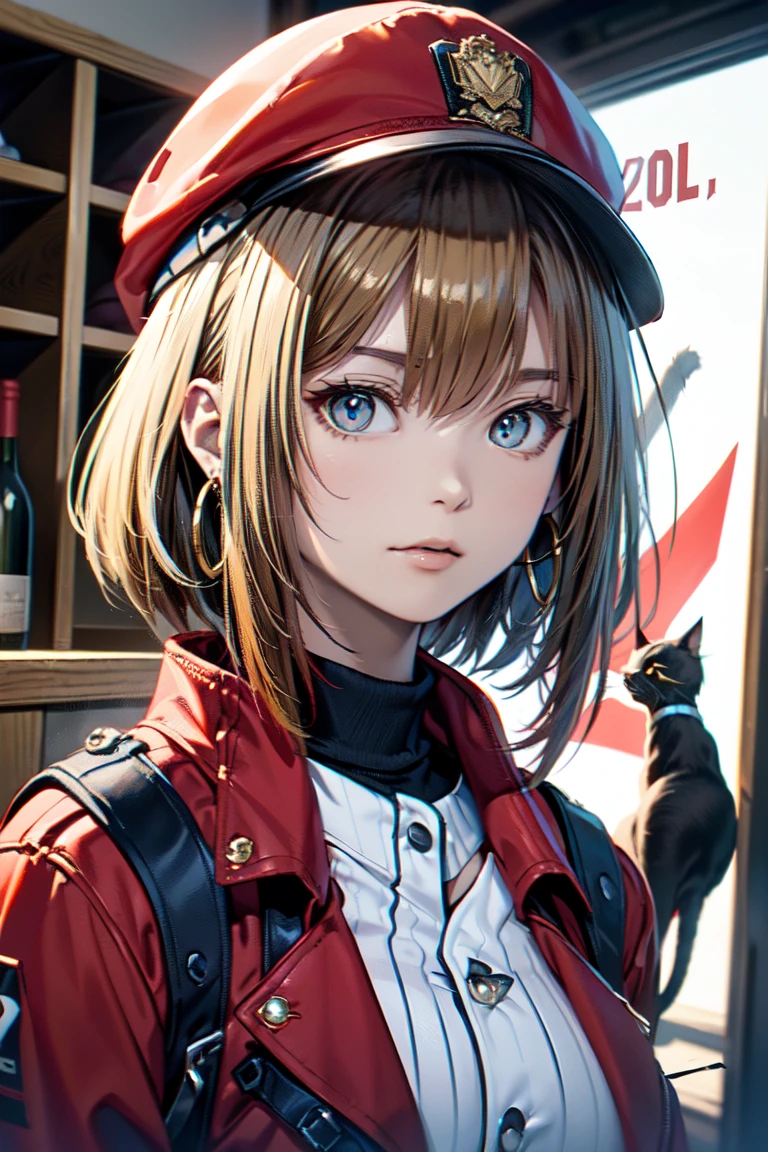 (Best Quality, 8k, Oil painting, Mastepiece:1.2), Super detailed, (((Bust Shot)))、、((Creeper, In front of the guillotine))、((Cat ears、Sleeveless、Wearing a wine red baseball cap and uniform、Red jacket:1.2)), Blonde Hair, Short ponytail, (Blonde Hair, Short Hair, Bangs), Pale blue eyes,Closed Mouth、Hoop Earrings, Jewelry,、(((Upper Body Shot)))、(((２０Women of a certain age)))