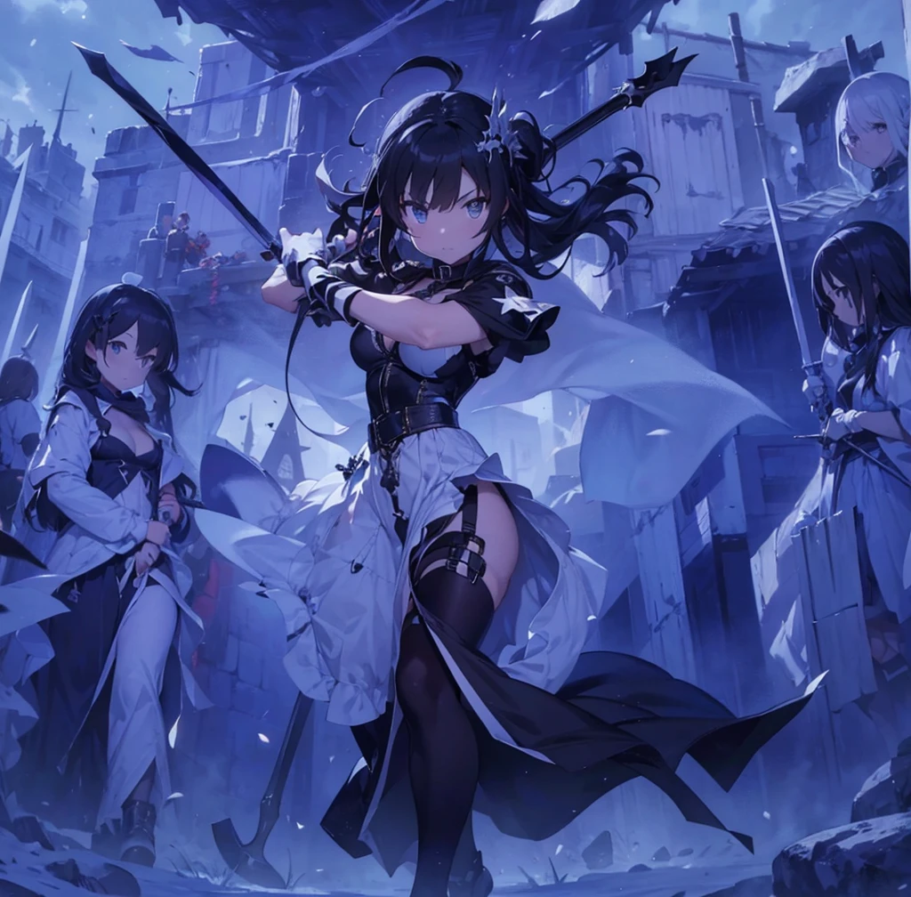 a black and white painting of a woman with swords as she is surrounded by other people, weapon, sword, multiple girls, elf girl 