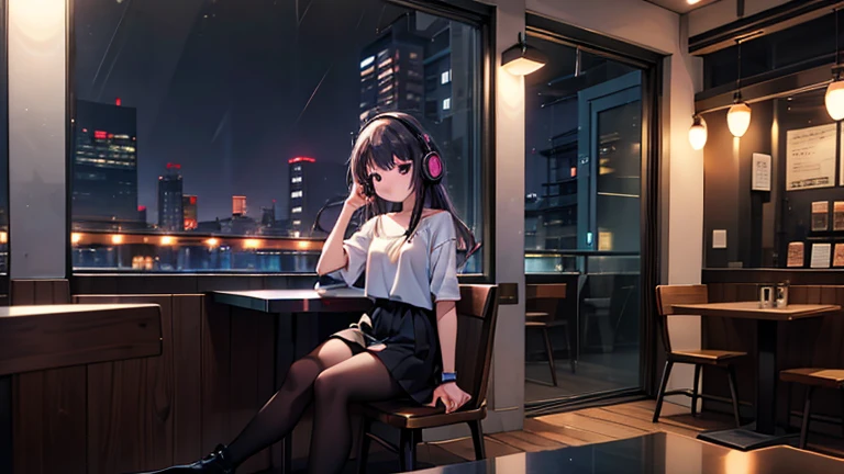 20-year-old female, 90s anime style, rain, coffee shop,, Woman wearing headphones, Late Night Cafe,Listening to music alone, City Pop, low quality, Lo-Fi, Chill, late 夜, Stylish cafe counter seats, Dark Room, Futuristic night view outside the window, Dark Room