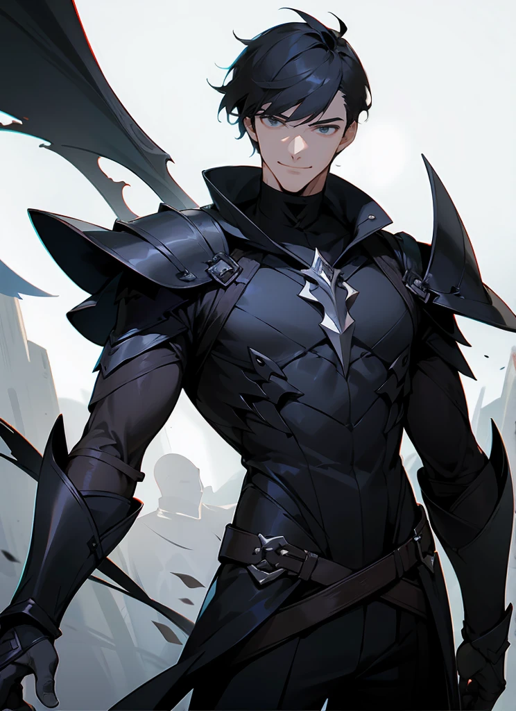 1 , handsome fashion hair,black hair highlight white, fanstasy, smile face, male ,fantasy, reaper, hunter with blackshortsword, villian face, short hair black armor , darkness wolrd