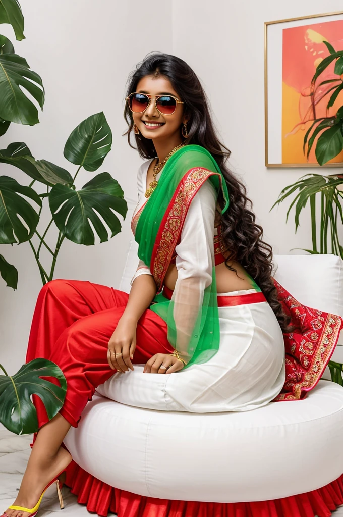 Create 3D picture of a beautiful 18 year old Indian girl sitting on the white sofa set chair, girl is wearing a neon red saree,  looking so pretty, handsome smiling, stylish hair, sunglasses ,watch background wall decorate in flower and leaves and clear written on capital Big font white colour " rutuu" and wing are green colour look like angel.
