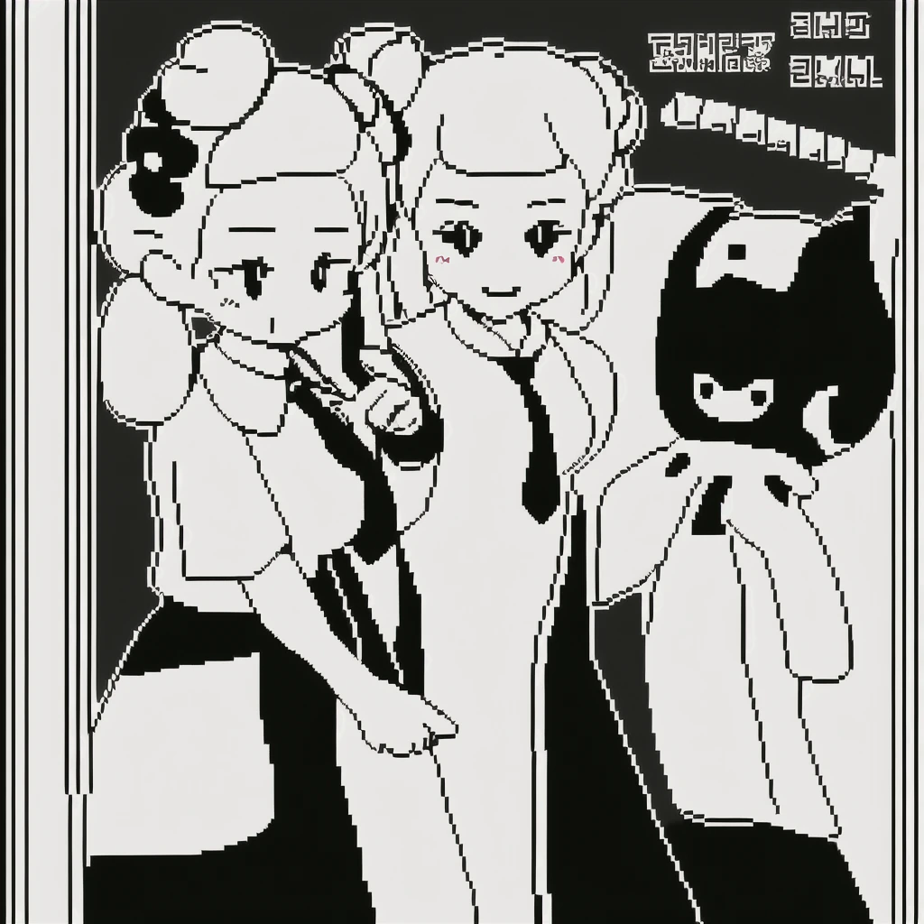 1girl,20 years old,(solo),long hair,finana,white hair,twintails,double bun,(white shirt,short sleeves,black standart tie,black skirt),kuro_gane,pixel_art,monochrome,dynamic pose, smile,