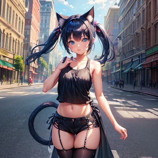 (masterpiece, Highest quality, Super detailed: 1.6), figure, (single, 1 Girl, Beautiful attention to detail: 1.2), city, street, cute, Different world. Dark blue hair girl, Cat ears and tail, Wearing a tank top and racing pants. Loli body type Twin tails Female genitalia is visible Detailed depiction of female genitalia Flat Chest Stern expression With legs apart
