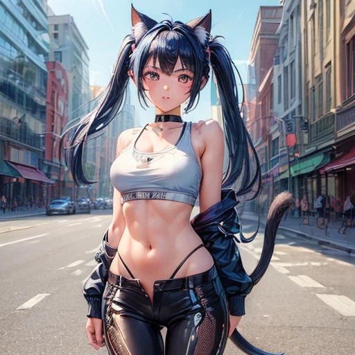 (masterpiece, Highest quality, Super detailed: 1.6), figure, (single, 1 Girl, Beautiful attention to detail: 1.2), city, street, cute, Different world. Dark blue hair girl, Cat ears and tail, Wearing a tank top and racing pants. body type Twin tails Female genitalia is visible Detailed depiction of female genitalia Flat Chest Stern expression With legs apart