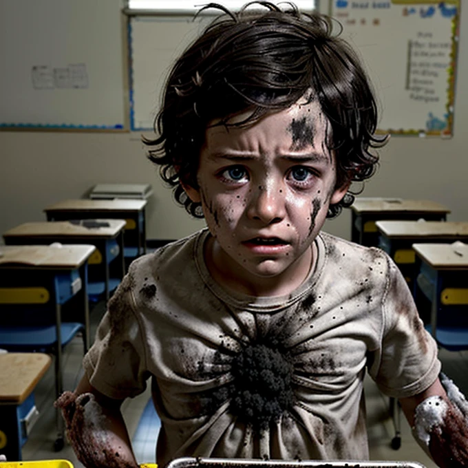 A boy scientist in a classroom fails during an experiment and is caught in an explosion, leaving him completely battered and covered in soot.