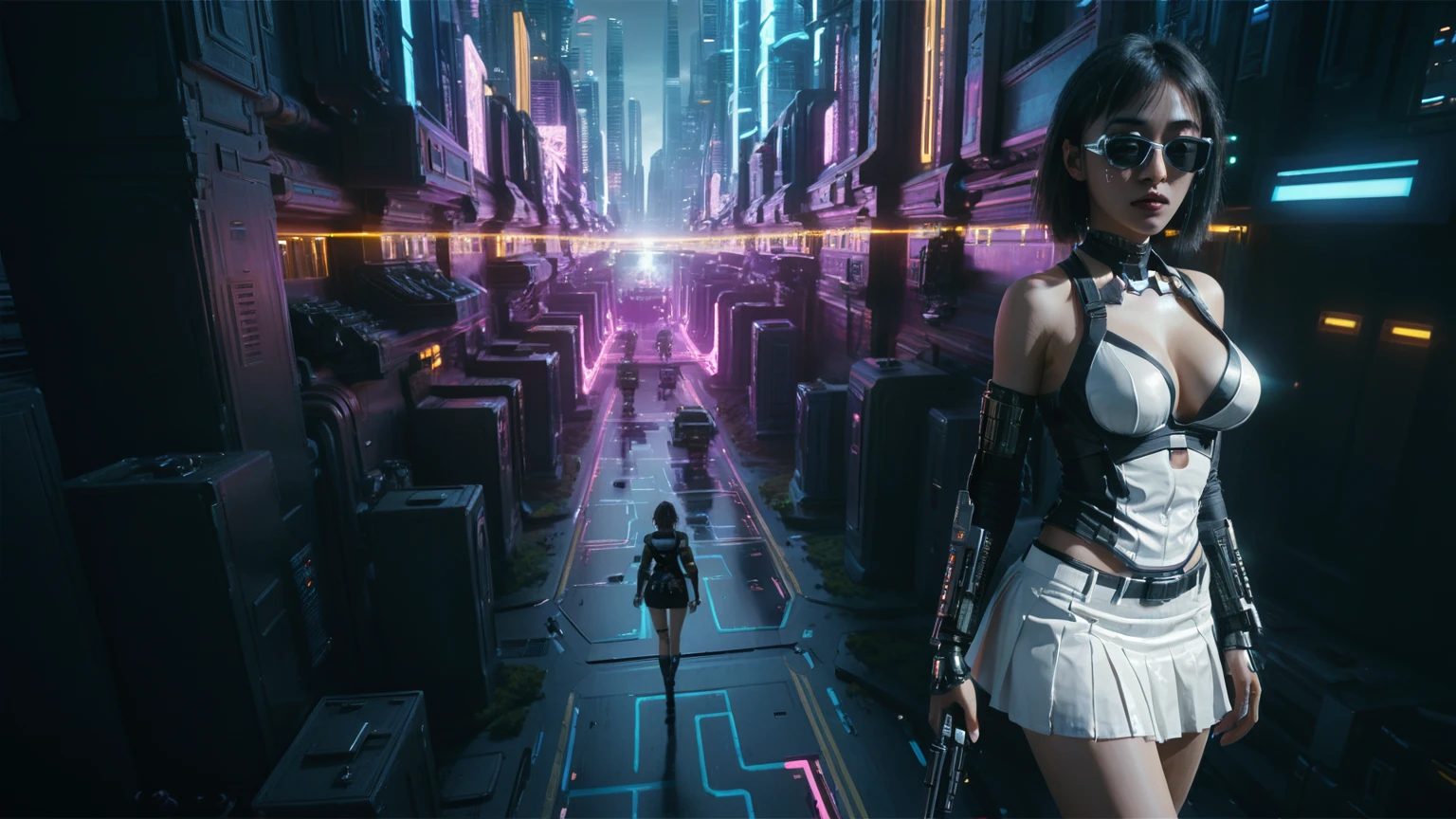 Cyberpunk female plagiarist immersed in digital theft, neon-lit alias within a vast online labyrinth, grotesque grunge brushing into surrealism, illuminated by kaleidoscopic volumetric light, a detailed masterpiece reminiscent of Moebius' distinctive style, deep focus, heightened depth field, psychedelic undertones amplified in a cinematic shot, (((((aerial view of cyberpunk city at night))))), (((((1girl, solo, alone))))), photo realistic, (((((large-breast:1.4 slim body, cleavage:1.4))))), (((off broken mini sling-shirt and black sling bra, (((extreamly short white pleated miniskirt, micro panty)))))), (((((running pose))))), (((((((matrix style black micro sunglasses))))))), ((((((((((aiming with a short gun)))))))))), (((((looking at camera))))), (((very low view))), (((((half-body thigh level medium shot))))), (((cinematic lighting))).
