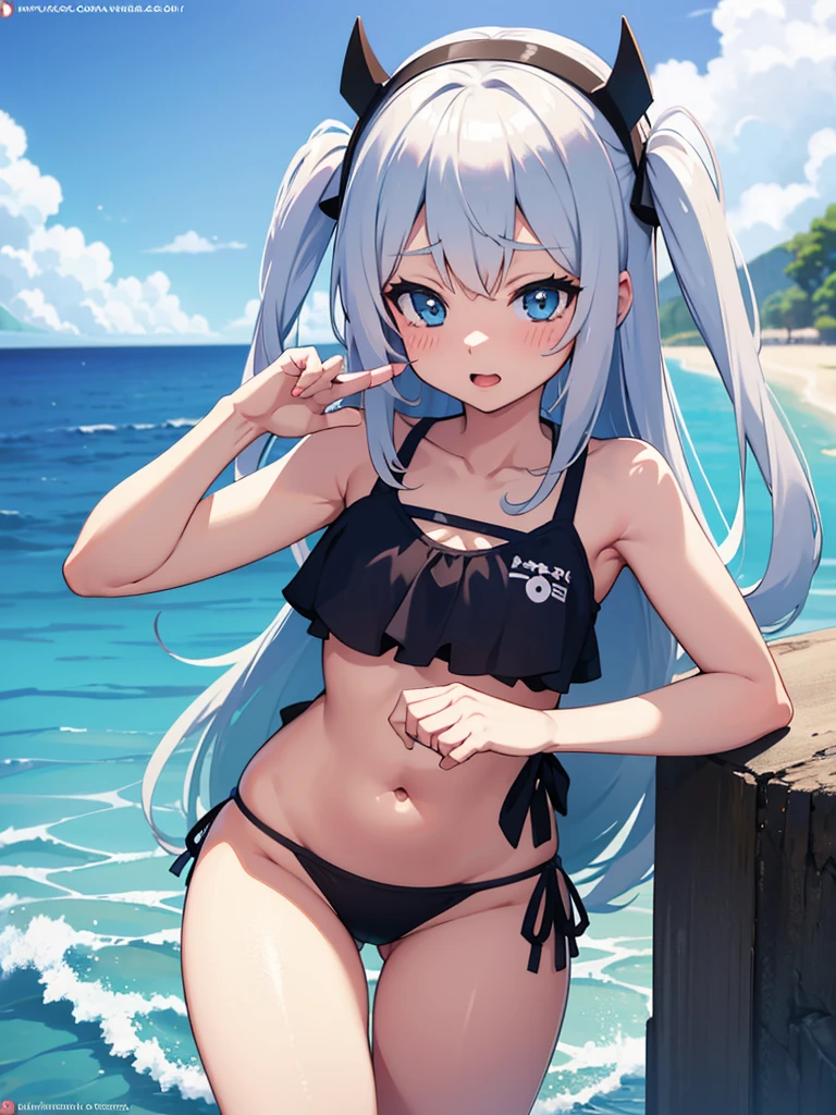 Chica anime en Bikini en la playa con sus orejas de gato levantadas., seductive anime girl, Ahegao, by white deity, wears a bathing suit, oppai, shikami, Attire: Bikini, ecchi, Azure Lane Style, perfect by white girl, anime goddess, by white, , Best Anime Girl, Kantai Collection Style, in Bikini