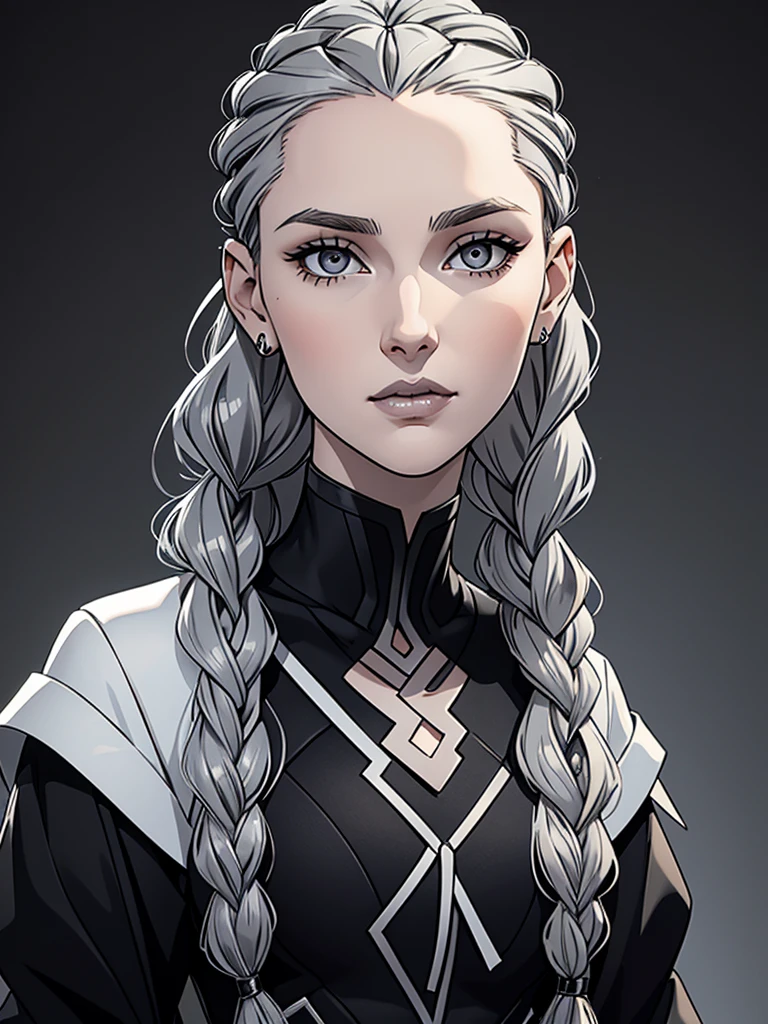 Cassandra is a tall young woman in her 20s with pale skin., gray eyes and white wavy hair, braided into a high ponytail with many small braids. Two strands of hair and asymmetrical bangs go down the sides of the face. Prefers clothes in black and gray colors with lots of silver accents