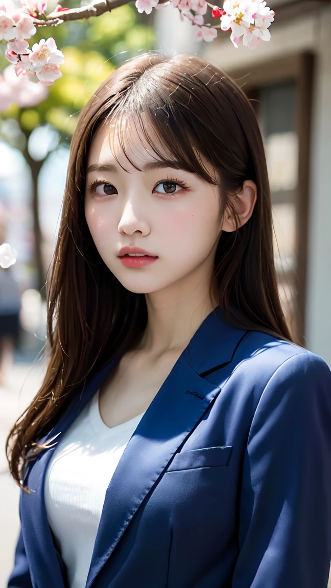 Graduation Ceremony、high school girl、uniform 、Navy Blue Blazer、Cherry tree in full bloom、Cherry blossom confetti、Perfect proportions、cute、((18-year-old female:1.2))、Young and adorable Japanese face，Official Art，Highly detailed CG Unity 8K wallpaper，（masterpiece:1.0),(Highest quality:1.0), 超High resolution,4K,Very detailed, photo shoot, 8K, Hmph, High resolution, Kodak Portrait 400, Film Grain, Lens flare brilliance,高いest quality,8K,Hmph:1.2),Portrait Shot,8K、Show Viewer
