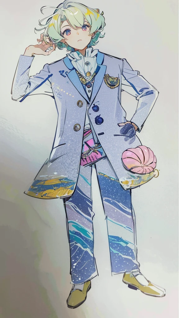 Handsome cute boy suit Pink button shell A jacket with a design inspired by the ocean floor Seashell Belt marine motif Curly hair short hair Wave-inspired trousers whole body Fantasy