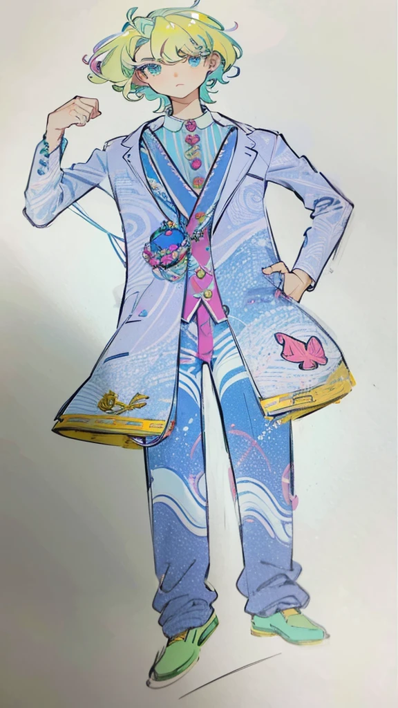 Handsome　cute boy　suit　Pink button shell　A jacket with a design inspired by the ocean floor　Seashell Belt　marine motif　Curly hair　　short hair　Wave-inspired trousers　whole body　Fantasy