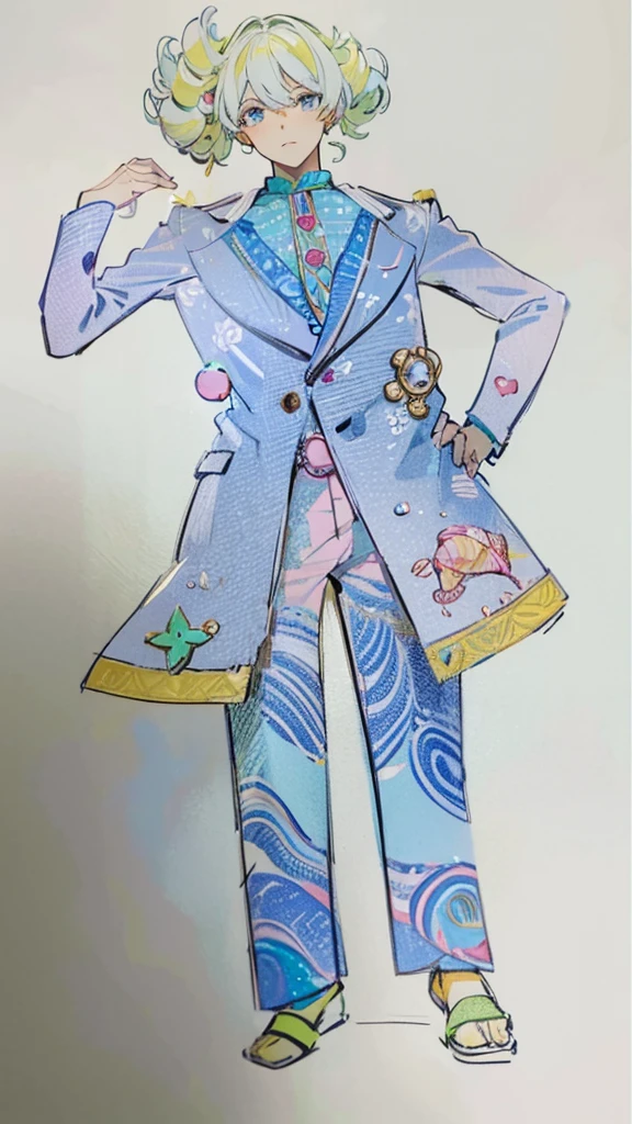 Handsome cute boy suit Pink button shell A jacket with a design inspired by the ocean floor Seashell Belt marine motif Curly hair short hair Wave-inspired trousers whole body Fantasy