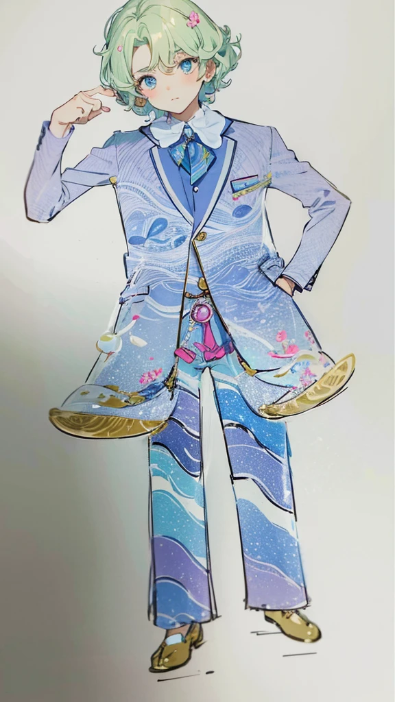 Handsome cute boy suit Pink button shell A jacket with a design inspired by the ocean floor Seashell Belt marine motif Curly hair short hair Wave-inspired trousers whole body Fantasy