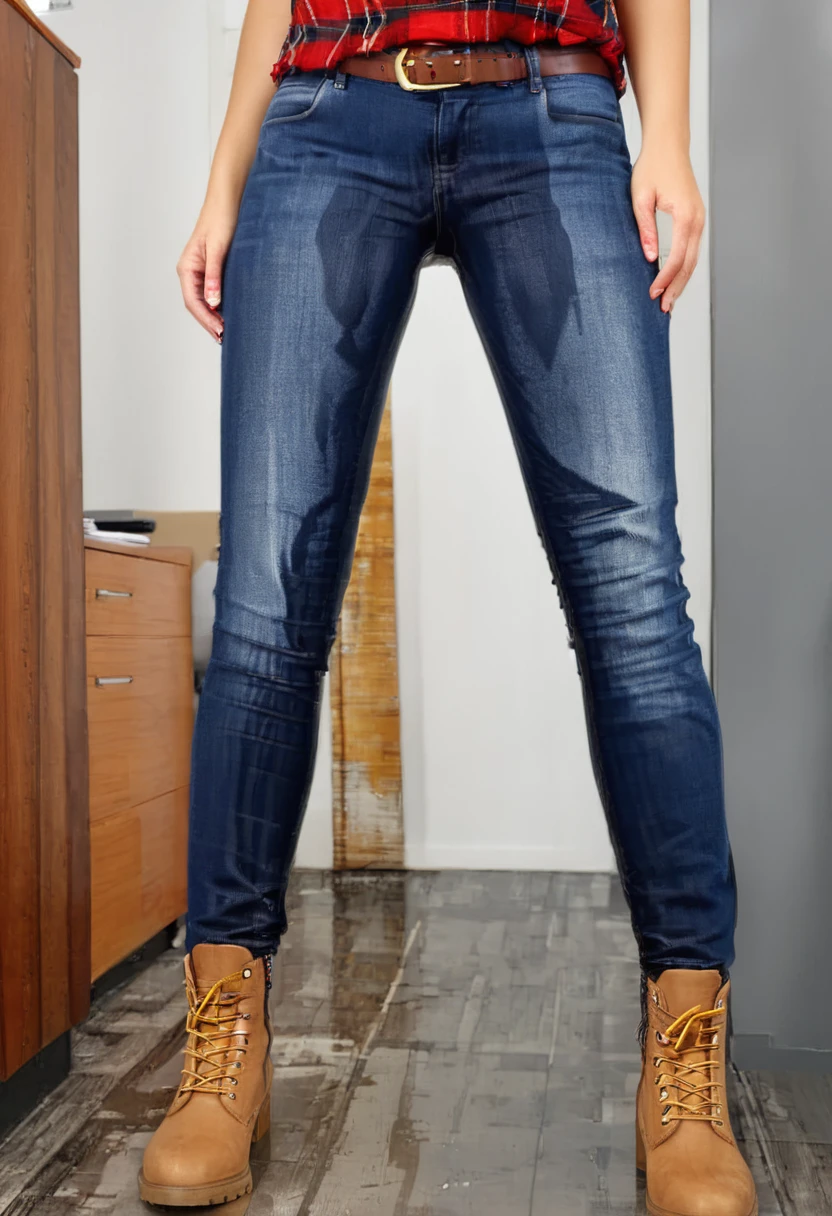 ((rear view)), (same character same clothing same shoes), attractive woman with light brown hair wearing dark blue skinny jeans, brown belt, brown combat boots, red plaid blouse, standing in an office, wetting, big smile, pee stains are gleaming wet, jeans completely soaked below the knee, ((rear view))