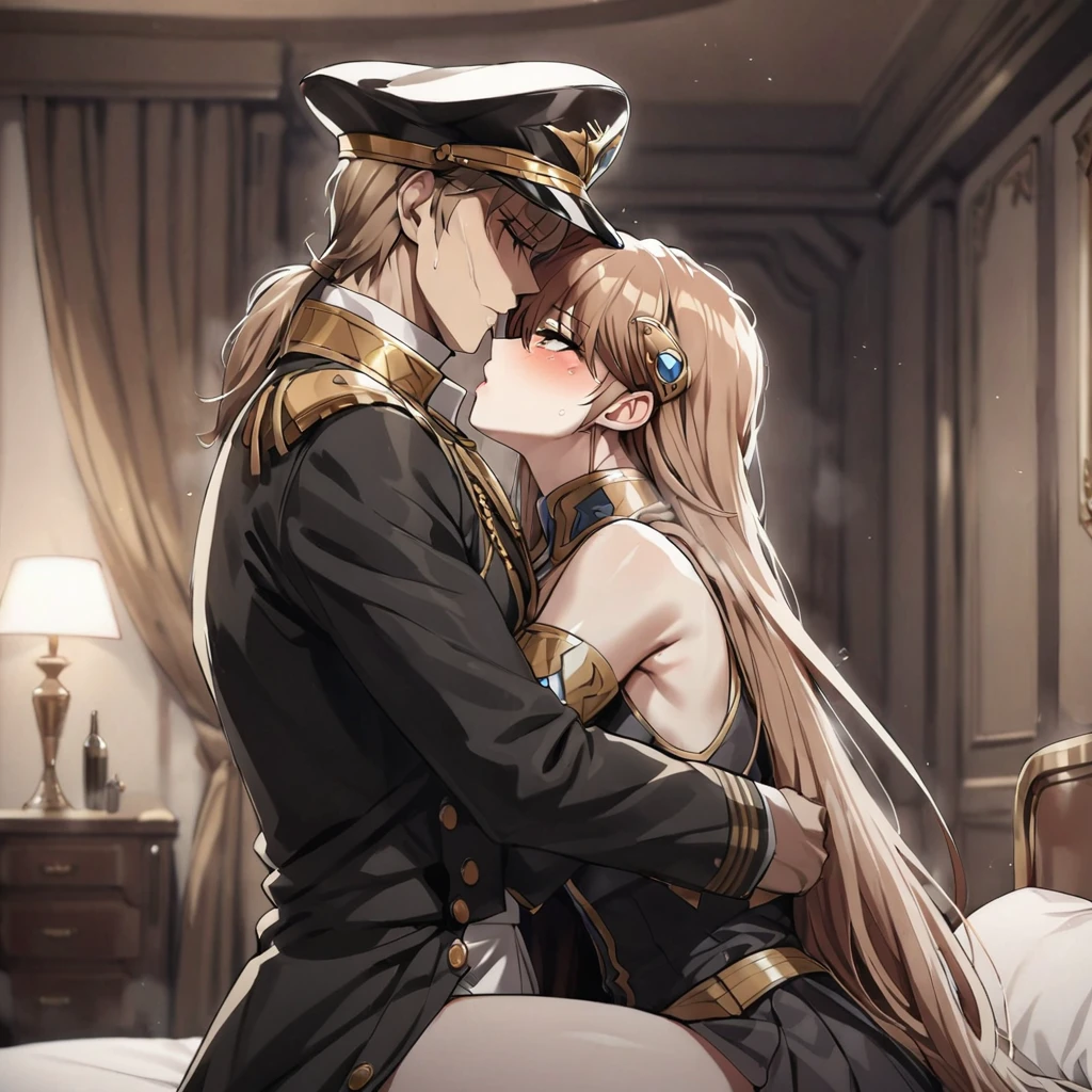 ((Highest quality)), ((masterpiece)), (detailed), (Perfect Face)、The woman is Princess Leona, with medium-long light brown hair, and is wearing a sexy black military uniform and cap for women. In a luxurious room, she is embraced by a strong, dignified, old, male general who is a villain, and as his lover, she embraces and kisses him, making love to him on the bed, and they have sex.、The woman has medium-long hair, is brainwashed, has no expression, and has no highlights in her eyes.