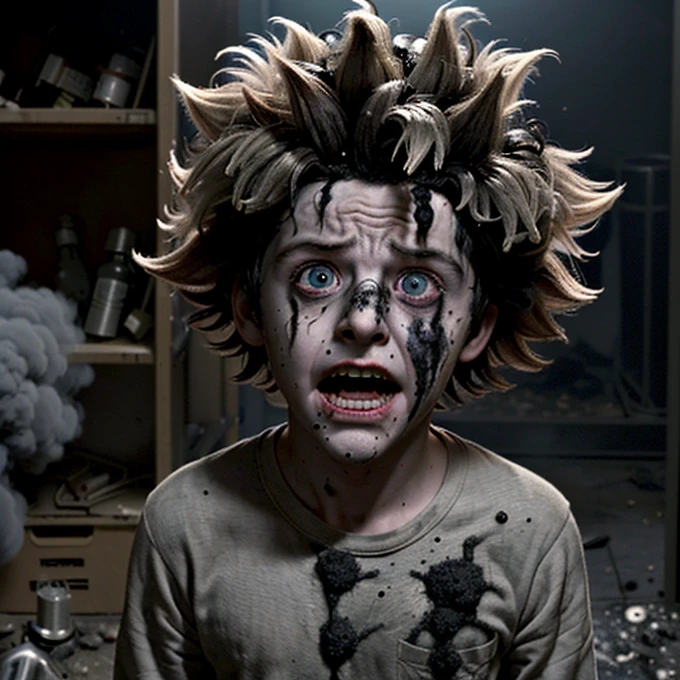 A scene from a comedy movie in which a mad scientist boy is caught in an explosion after an experiment goes wrong and is covered in soot.