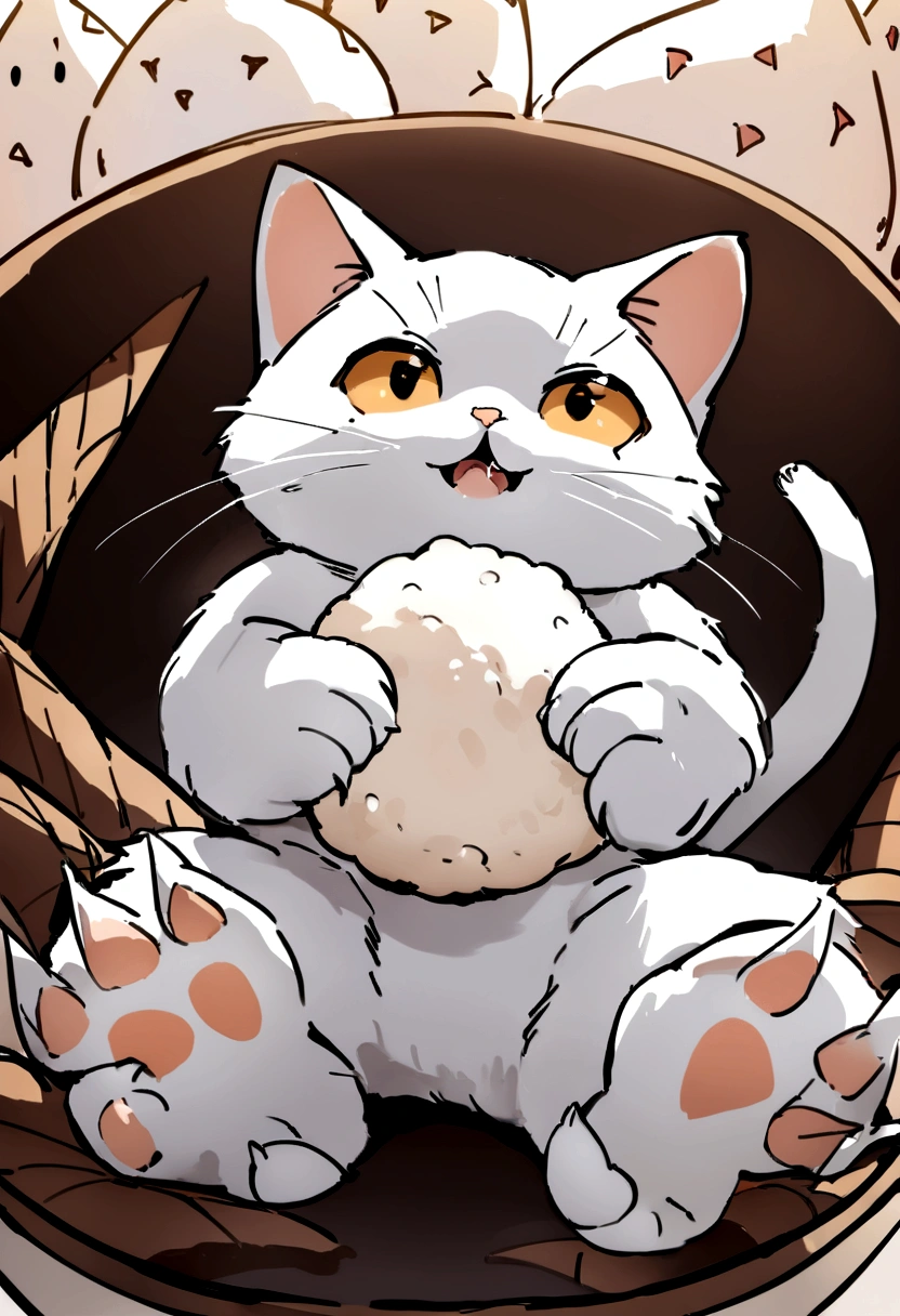 Highest quality， masterpiece， Ultra-high resolution， Very cute cat,Holding rice ball with front paws, Biting into rice ball,Triangular rice balls,Handwritten style,White Cat