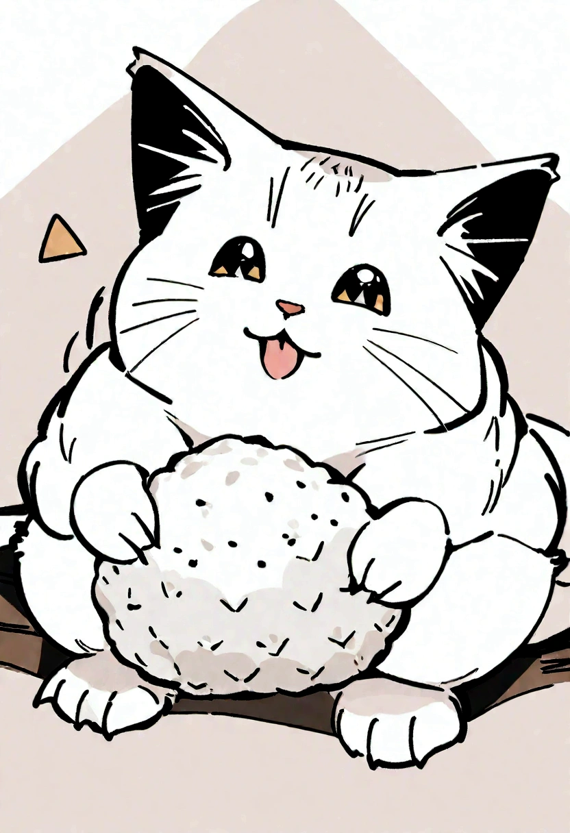 Highest quality, masterpiece, Ultra-high resolution, Very cute cat,Holding rice ball with front paws, Biting into rice ball,Triangular rice balls,Handwritten style,White Cat