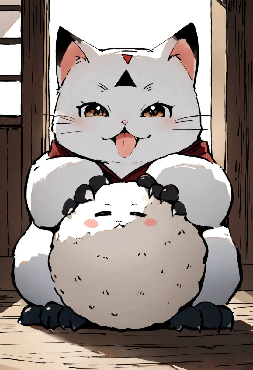 Highest quality, masterpiece, Ultra-high resolution, Very cute cat,Holding rice ball with front paws, Biting into rice ball,Triangular rice balls,Handwritten style,White Cat