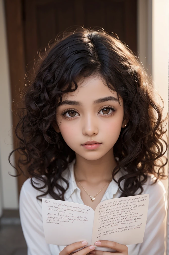 Make an image of a love letter with a beautiful poem about a brown girl with black eyes and curly hair