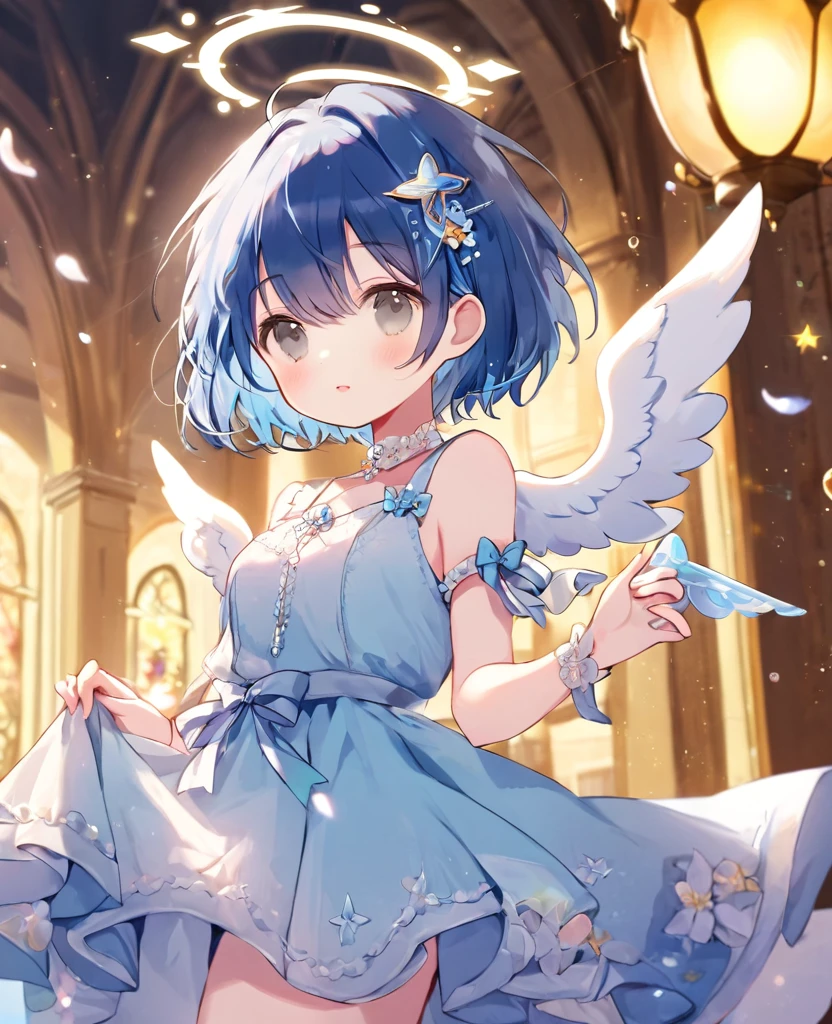 cute , Dress up in fantasy, Delicate decoration、short hair, Blue Hair, 4k resolution, 最high quality, In public, masterpiece, Grey Eyes, Broken Angel Halo, high quality, 