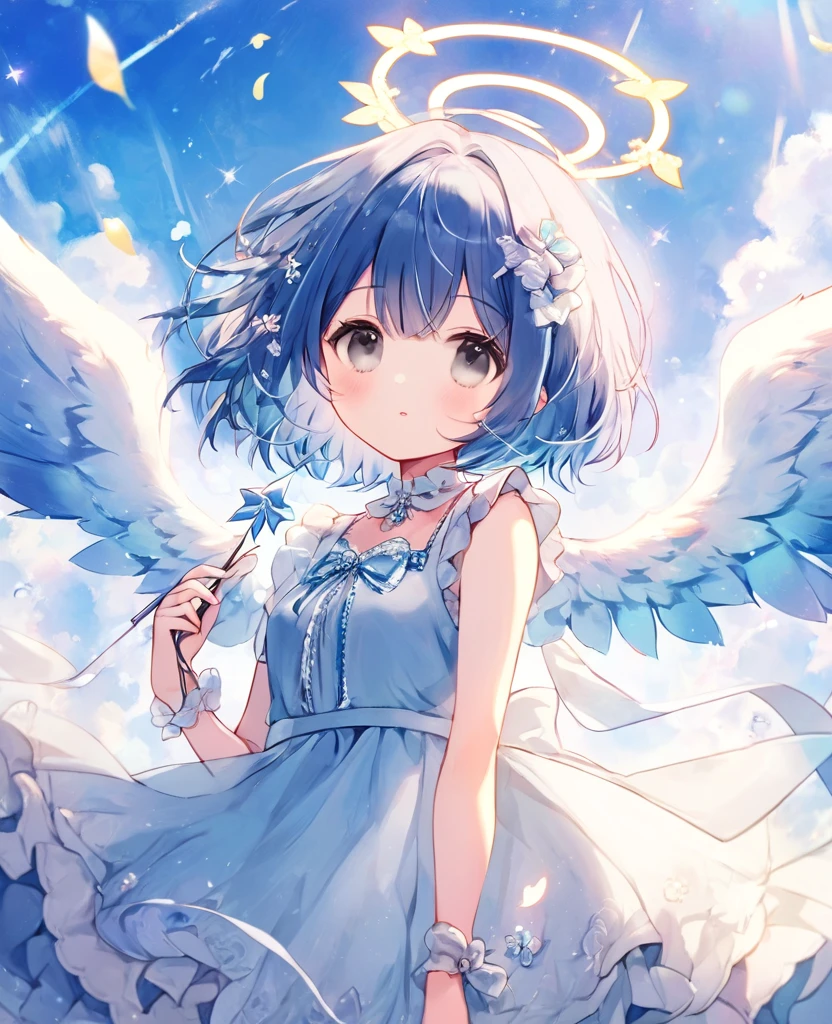 cute , Dress up in fantasy, Delicate decoration、short hair, Blue Hair, 4k resolution, 最high quality, In public, masterpiece, Grey Eyes, Broken Angel Halo, high quality, 