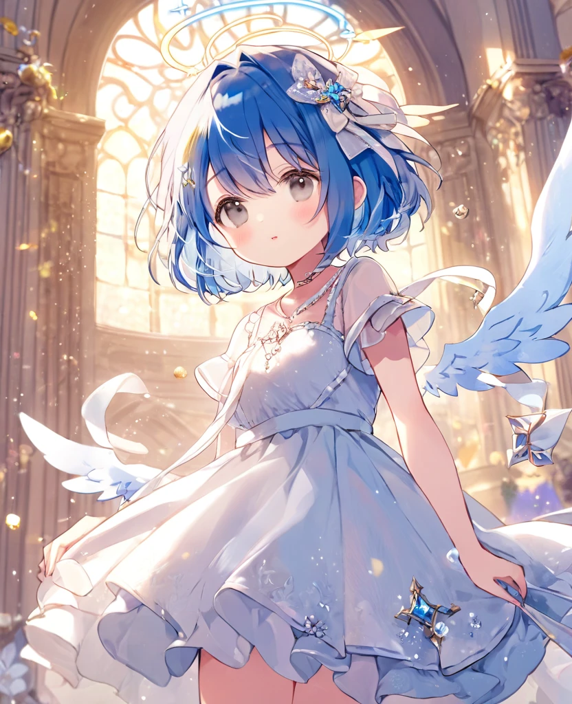 cute , Dress up in fantasy, Delicate decoration、short hair, Blue Hair, 4k resolution, 最high quality, In public, masterpiece, Grey Eyes, Broken Angel Halo, high quality,
