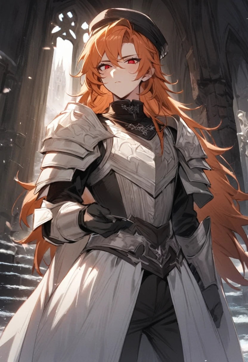 1manColdplace,fantasy, orangehair, cat ear, tall, glove, wearing hat, handsome, villian face, red eye, 21 yearold, wearing white winter armor, game of throne, male, no ears, long hair curry