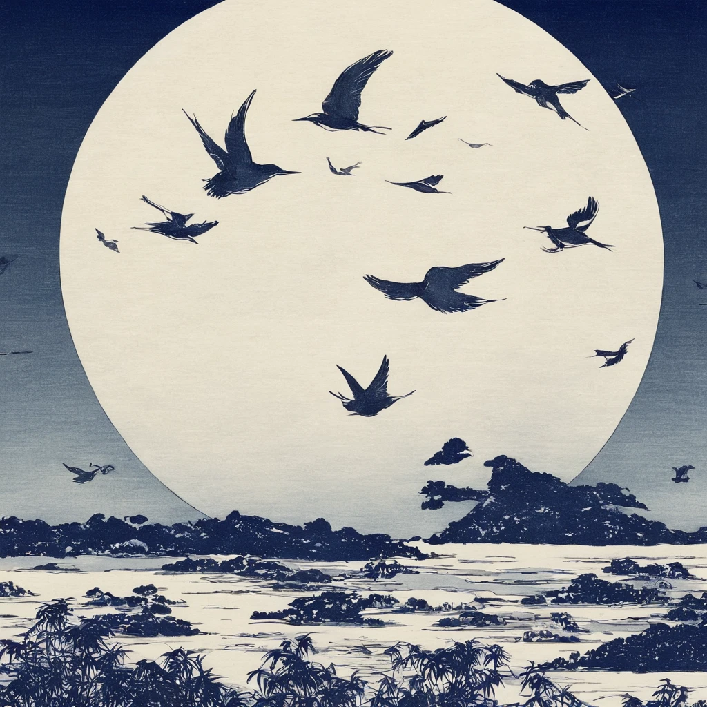 flying birds、moon、Monochrome