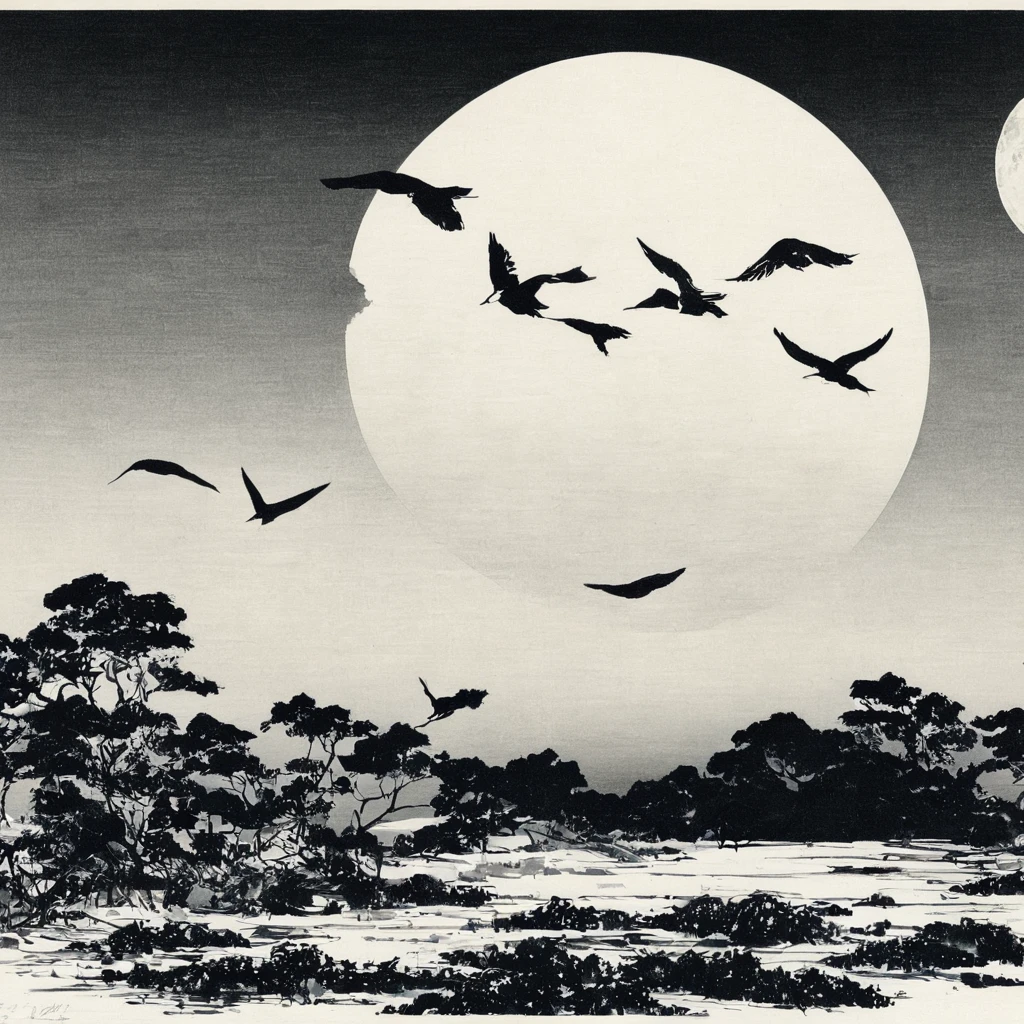 flying birds、moon、Monochrome